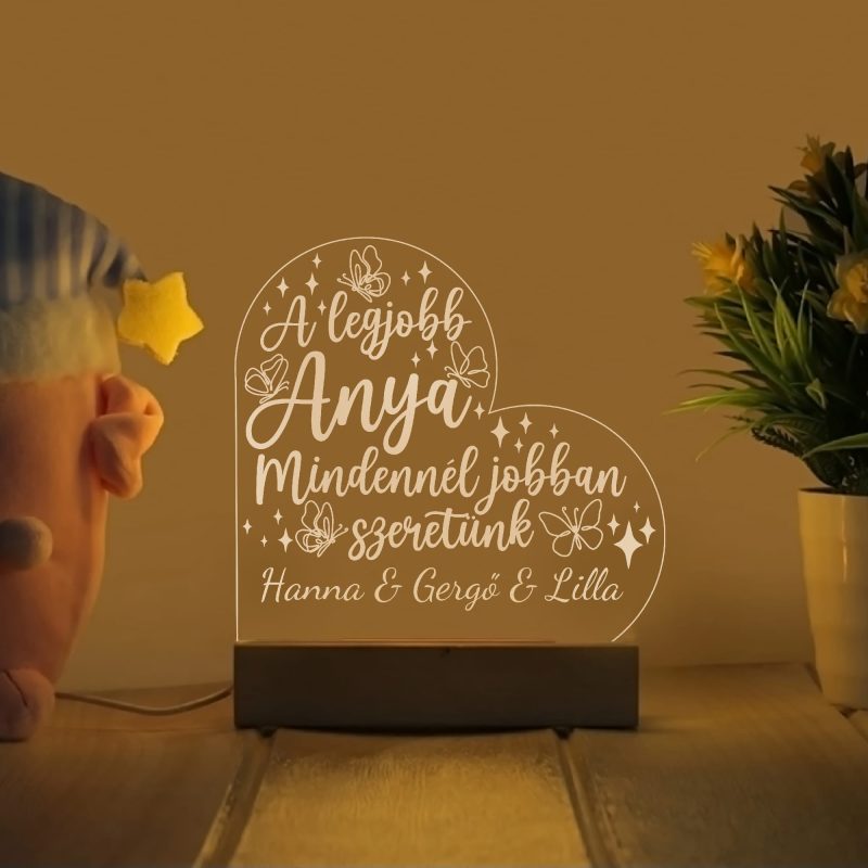Szív alakú LED lámpa a legjobb anyának névvel Lovenir.hu