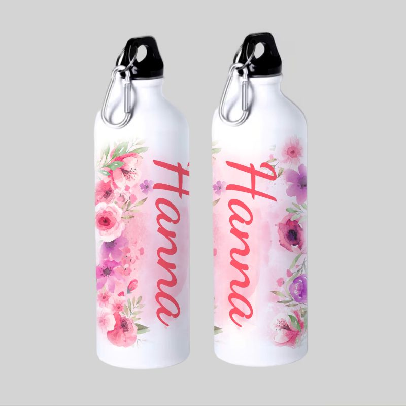 Kulacs pink és lila virágokkal, pink névvel Lovenir.hu